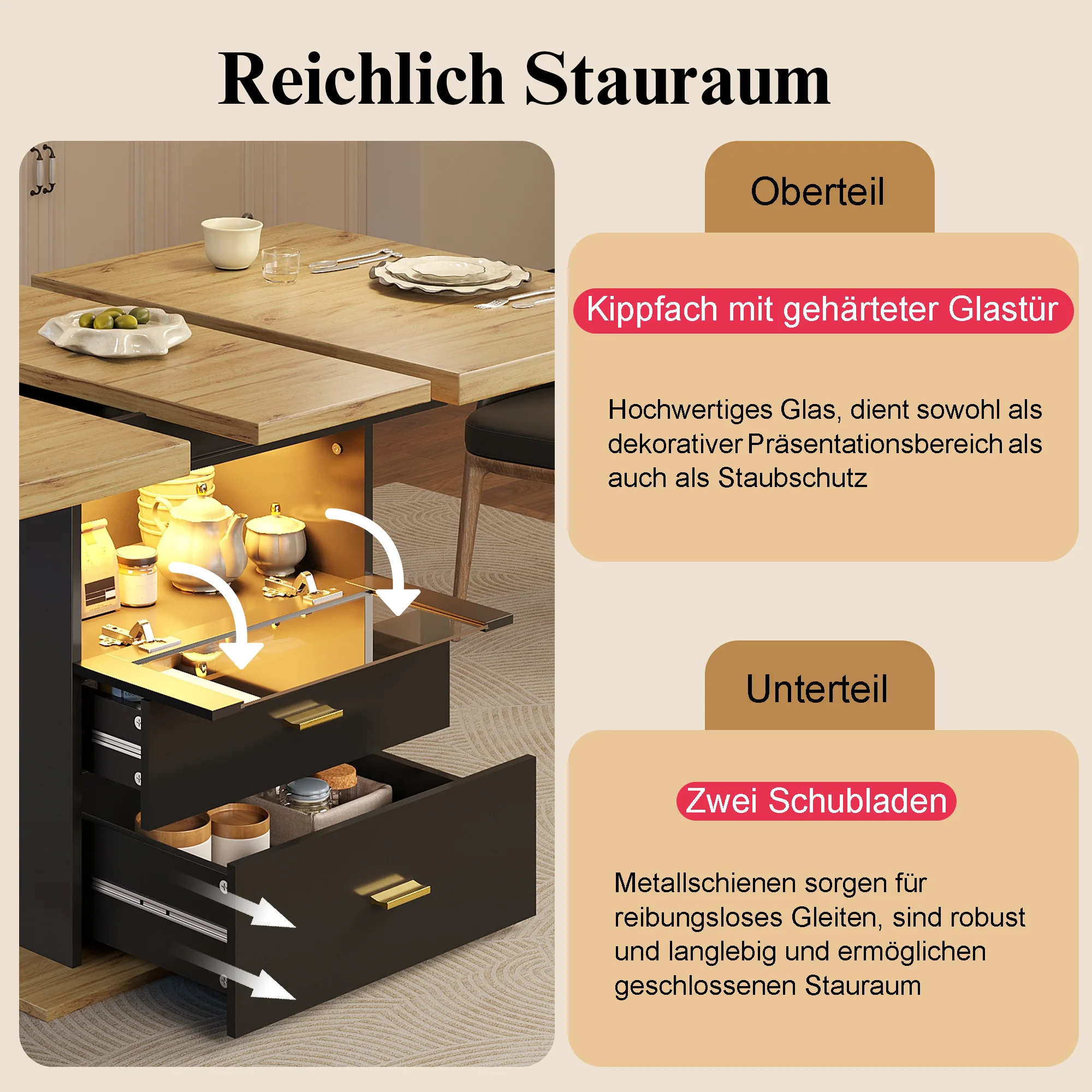 Multifunktionaler ausziehbarer LED-beleuchteter Esstisch – erweiterbarer Tisch 110–140 cm, platzsparender Küchen-/Terraztisch für 6 Personen – Detail 2