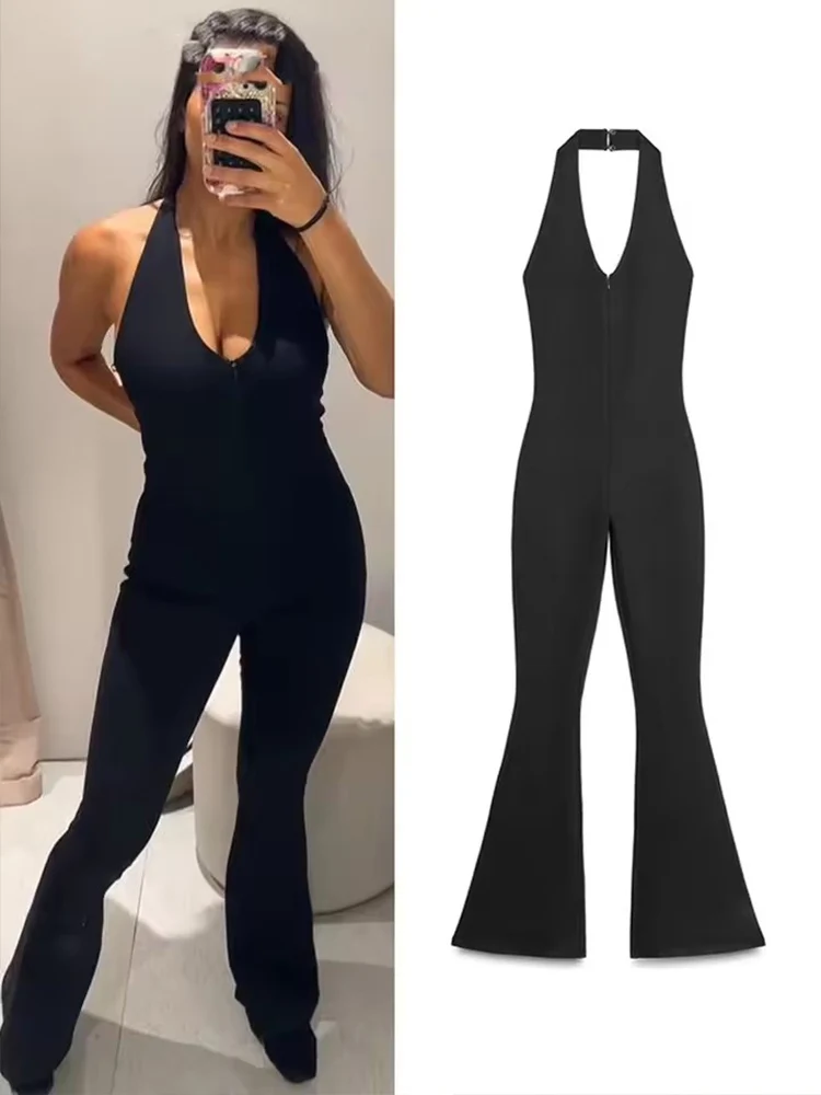 2025 New Fashion Halter Neck Flare Jumpsuit For Women Elegant Backless Sleeveless Slim Fit Romper Street Chic Bodysuits ﻿