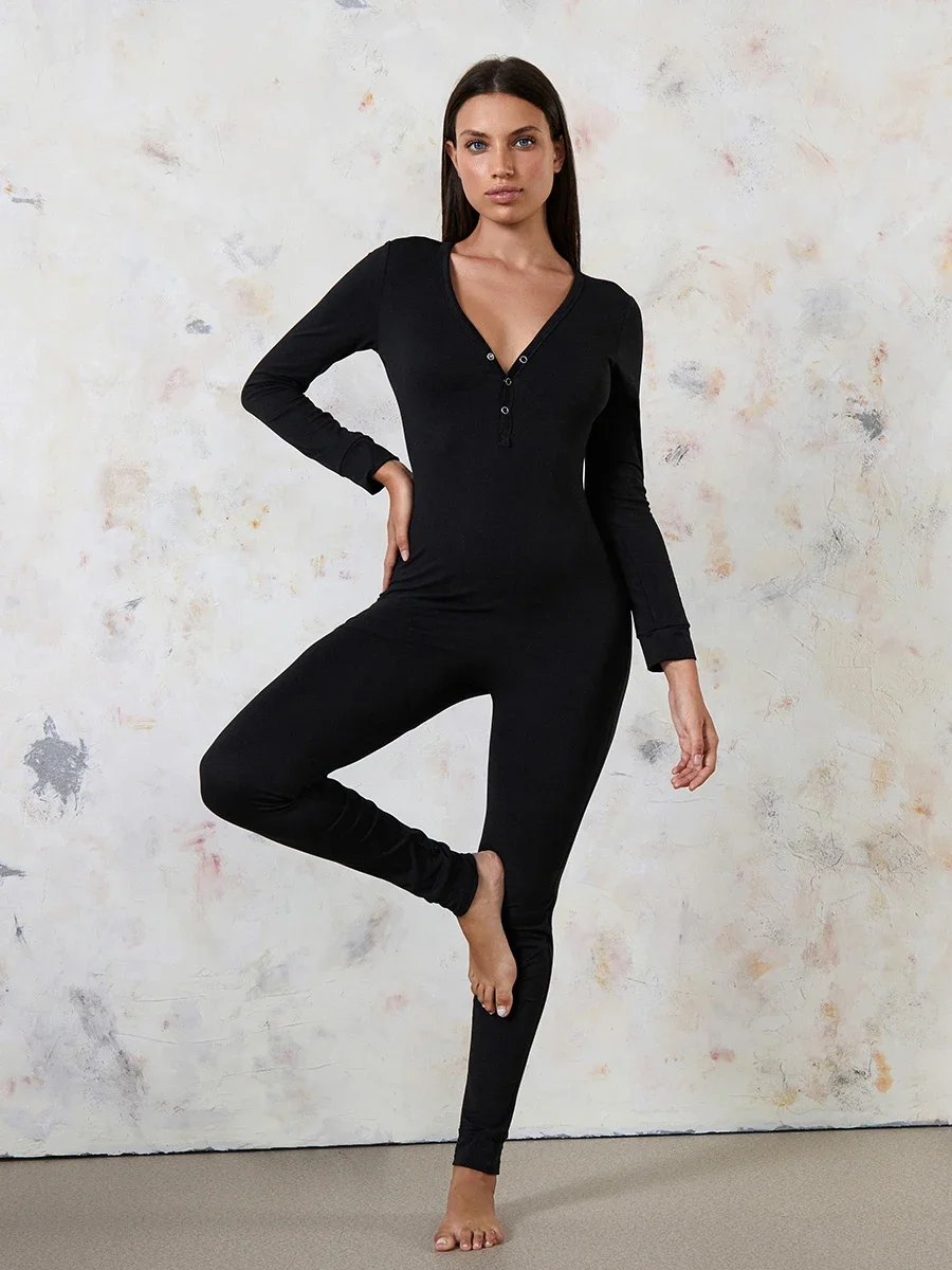 Women Functional Buttoned Flap Pajama Jumpsuit Sleepwear Solid Color/Printed Long Sleeve Homewear Harajuku Sleepwear pyjama