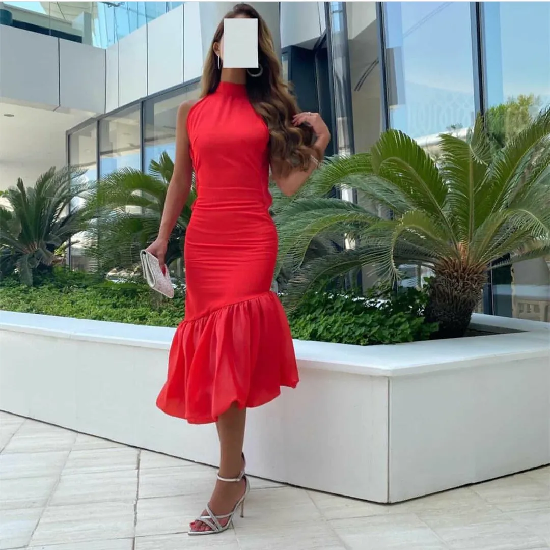

Elegant Short Red Crepe High Neck Evening Dresses Mermaid Muslim Ruffled Tea Length Prom Formal Dress for Women