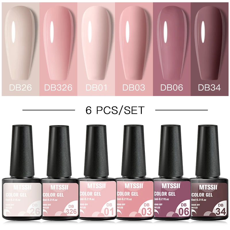 6Pcs Nude Pink Gel Nail Polish Set Winter Colors Semi Permanent Varnish Soak Off UV LED Gel Nail Art Manicure Base Top Coat Kit 2