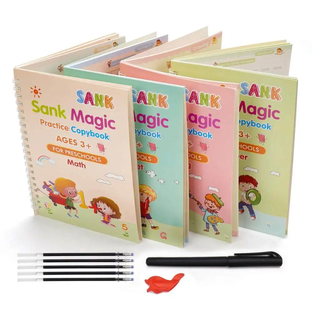 4 Pc Magic Practice Copybook,Reusable Grooved Writing Books,Handwriting  Book Practice For Kids,Groovd Kids Writing Preschool For Kids Ages 3-8