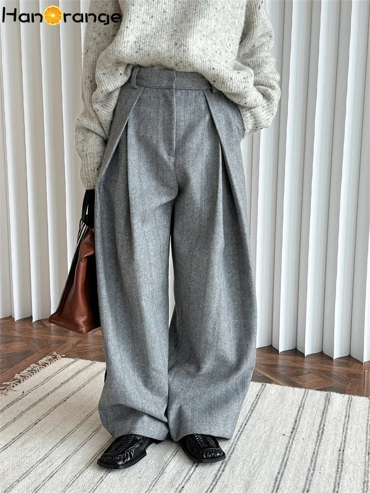 HanOrange 2024 Heavy Weight Winter Retro Herringbone Wool Pressed Double Pleated Trousers Women Wide Legs Pants Gray/Brown