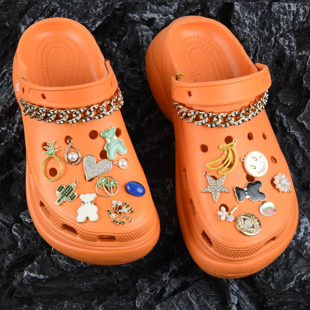 

Best Sale Bling Metal Shoes Decorations Star Bear Rhinestone Clog Shoe Charms Smile Heart Banana Pearl Sandals Accessories