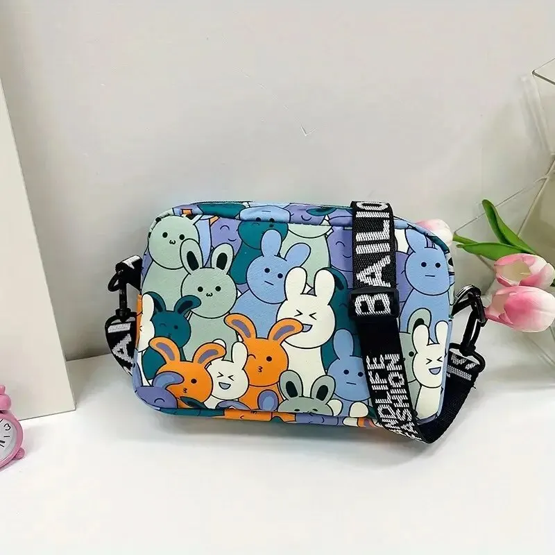 Cartoon Bunny Pattern Square Bag Trendy Zipper Shoulder Bag Kawaii Oxford Cloth Square Purse Mobile Phone Key Cross-body Bag