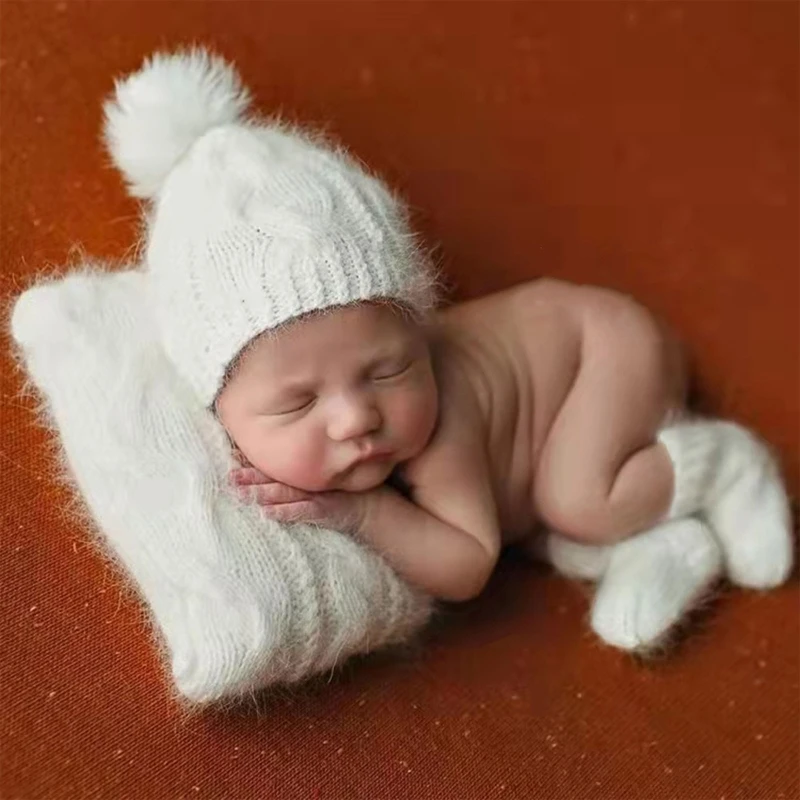 2 Pcs Newborn Photography Props Baby Hat Pillow Set Infants Photo Shooting Knit Pompom Beanies Fotografia Accesories 5pcs baby lace dress hat pillow shorts shoes set photo shooting costume outfits newborn photography props o27 20 dropshipping