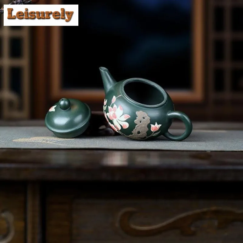 140ml Yixing Purple Clay Teapots Handmade Clay Drawing Level Pot Raw Ore Green Mud Tea Maker Kettle With Filter Zisha Tea Set