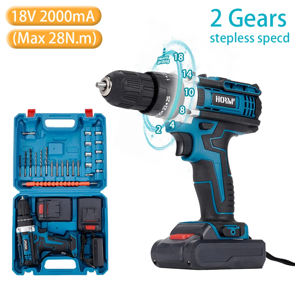 

DC18V 28N.m Electric Screwdriver Cordless Percussion Drill Electric Variable Speed Motor Impact Power Tools With 2 Battery