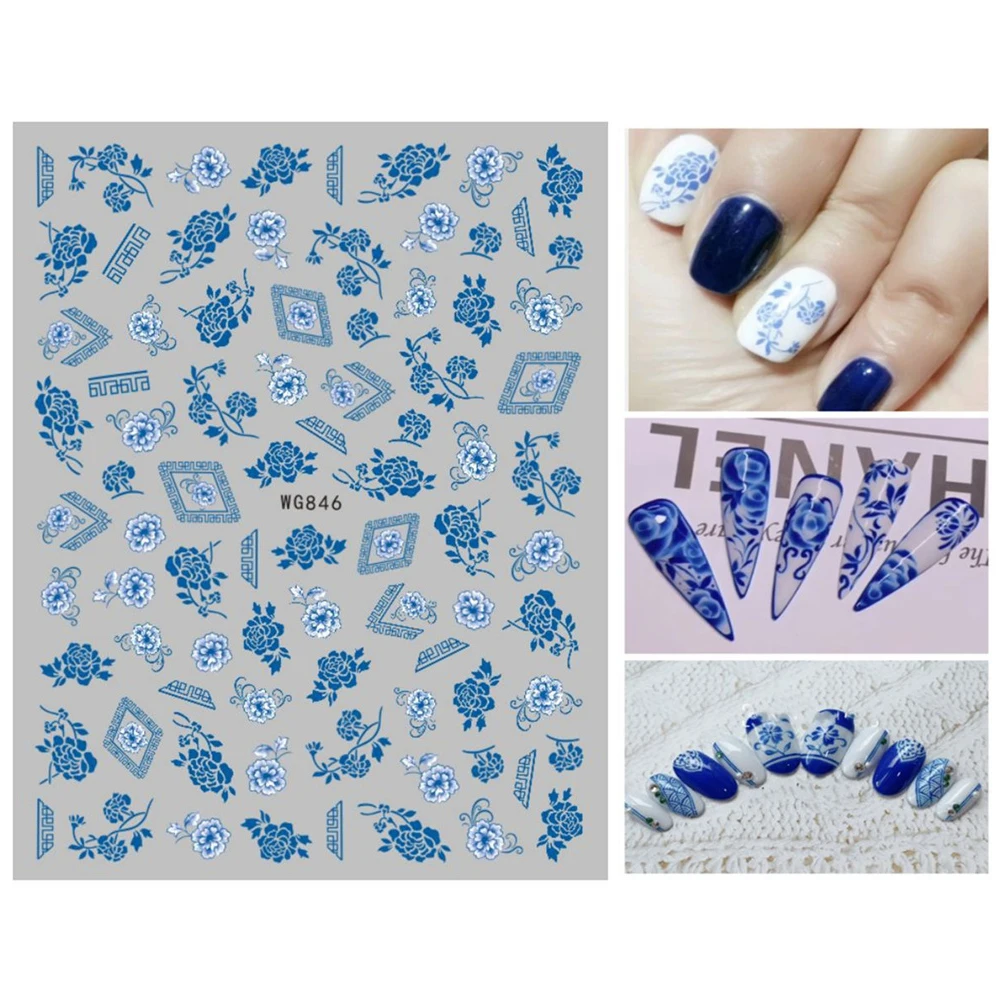 1pc Blue And White Porcelain Nail Stickers Geometric Lines Retro