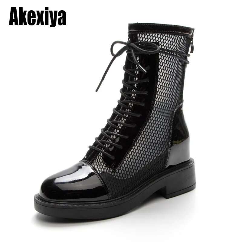 

Cool Boots Women Summer Genuine Leather British Style Hollow Hole Mesh Boots Women Thick Heel Mesh Boots Women BC3918
