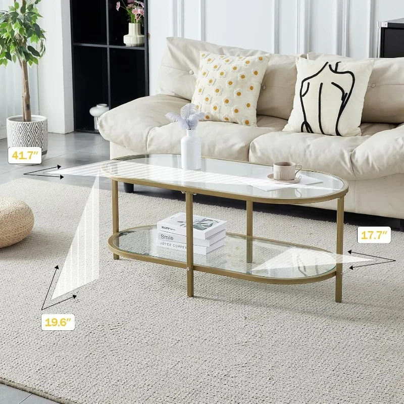 Living Room Glass Coffee Table, Golden Coffee Table, Modern Minimal 2-Tier Center Table with Metal Frame for Small Space 2