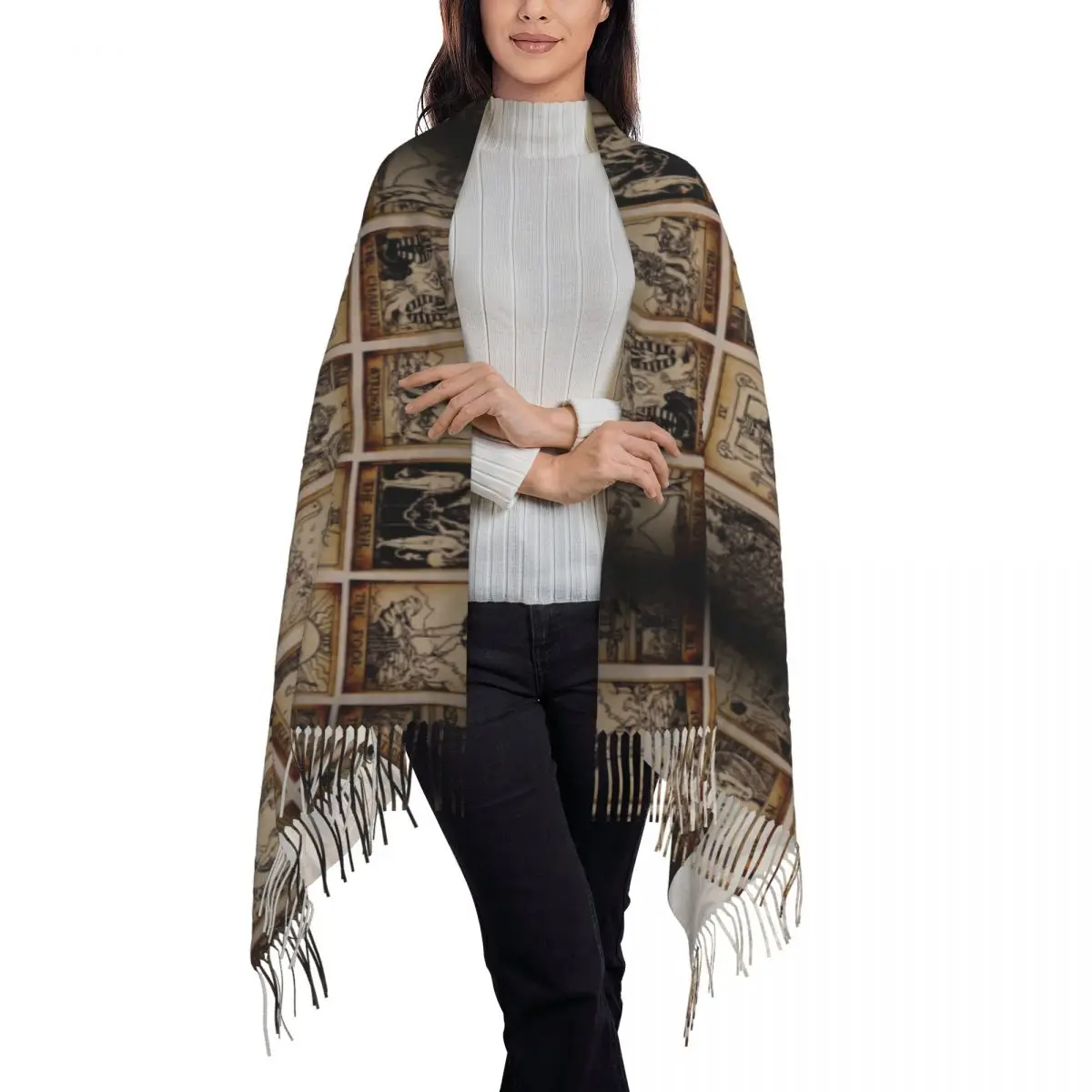 Witch Tarot Tassel Scarf Women Soft Halloween Occult Curiology Shawl Wrap Lady Winter Scarves 3