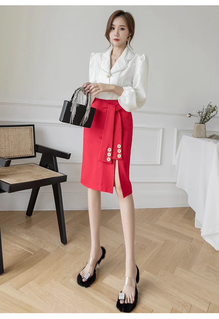 New Bodycon Pencil Skirts Women 2022 Korean Fashion High Waist Black Skirt With Belts Office Ladies Elastic Split Midi Skirt crop top and skirt