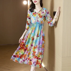 2024 Floral Vacation V-Neck Sexy Midi Dresses Spirng Summer Beach Style Fashion Light Dress Women Korean Elegant Party Vestidos