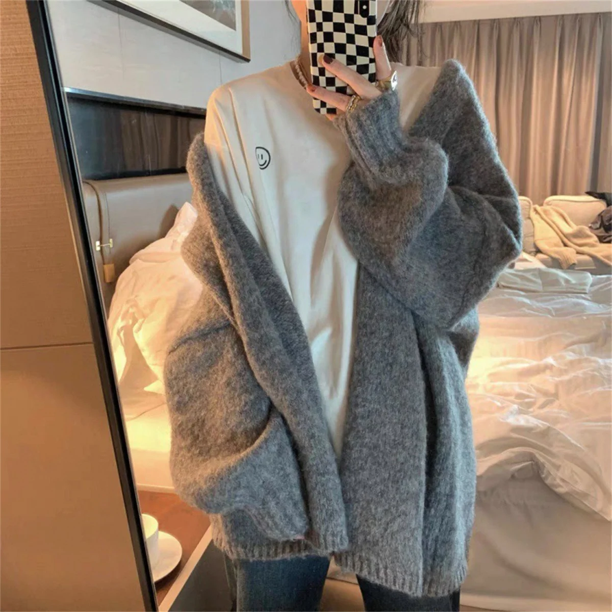 Women Fashion Knitted Cardigan Latern Sleeve Baggy Loose Sweater Coat Fall Winter Spring Coat Solid Chic Tops Casual Cardigans 5