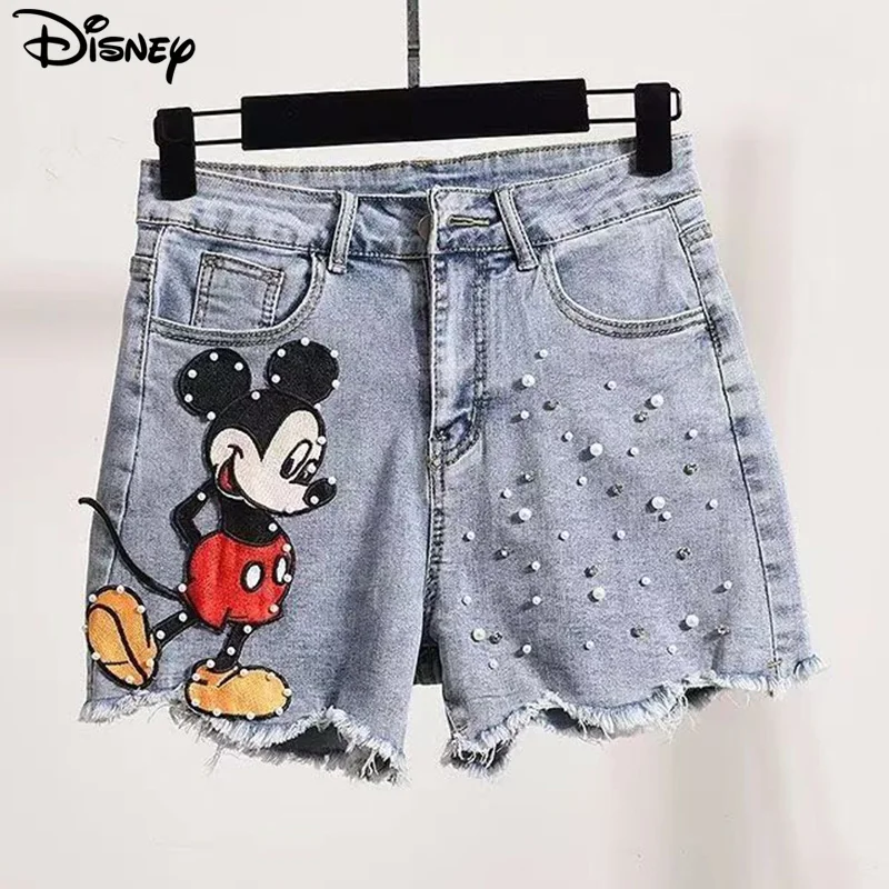 

Disney New Arrival Top Fashion Cotton Women Embroidery Beading Mickey Mouse Female Summer Big Irregular Flash High Waist Short