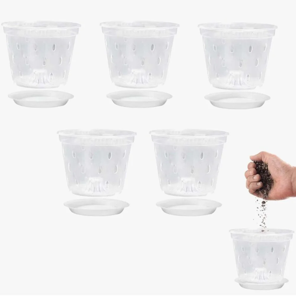 

Guide Your Orchids to Thrive with 5 Clear Pots Each with Holes and Saucers for Optimal Drainage and Root Control