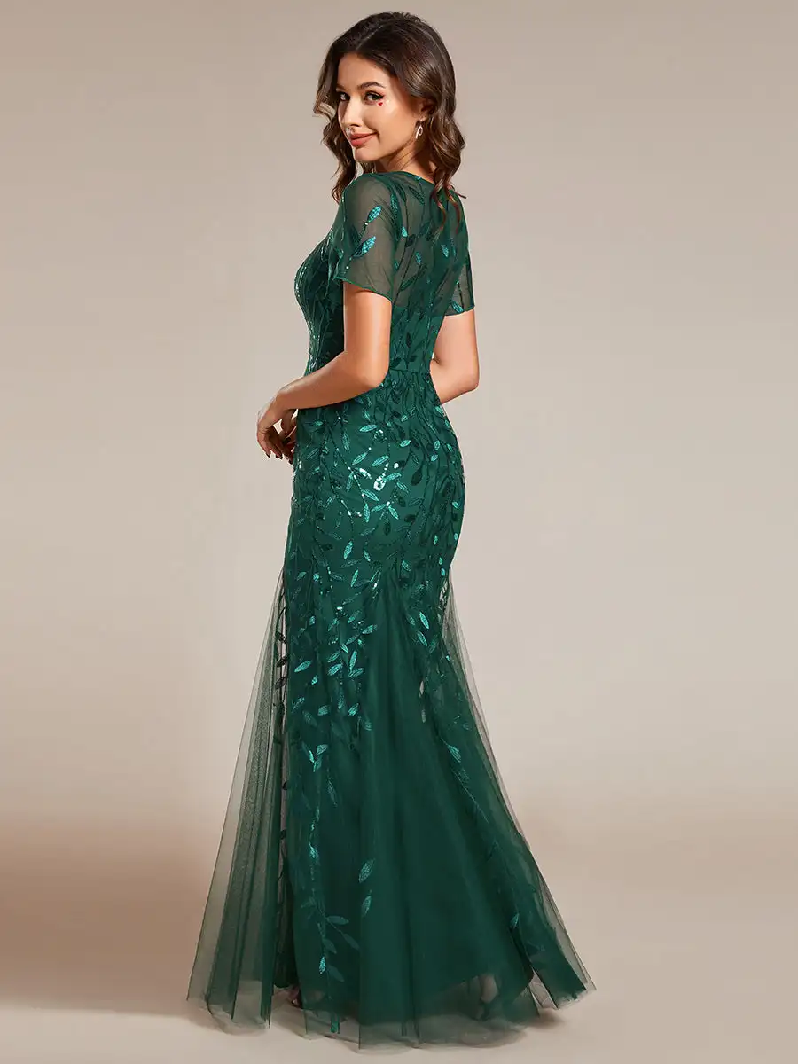 Elegant Evening Dresses O-Neck Mermaid Floor Length 2024 of Dark Green ESequin Shiny Fishtail Tulle Dresses for Party