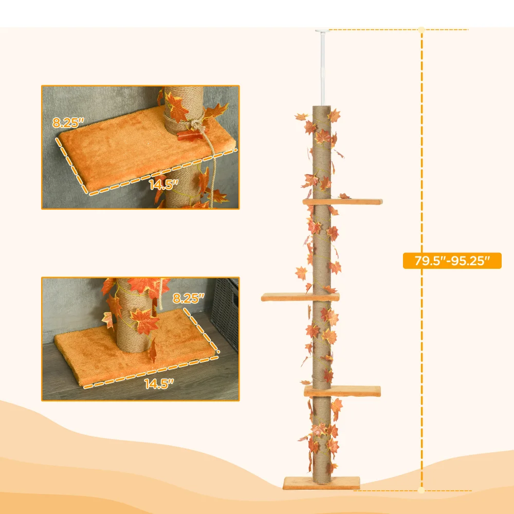 Pawhut Floor To Ceiling Cat Tree 80"-95" Adjustable Tall Cat Tower 3-Level Climbing Towe Indoor Sisal Scratching Post Platforms