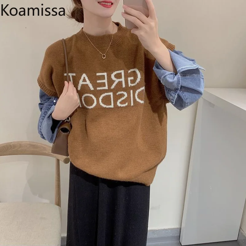 

Koamissa Fashion Women Fake Two Piece Knitted Pullovers Lady Long Sleeves Patchwork Sweaters Female O-neck Korean Loose Jumpers