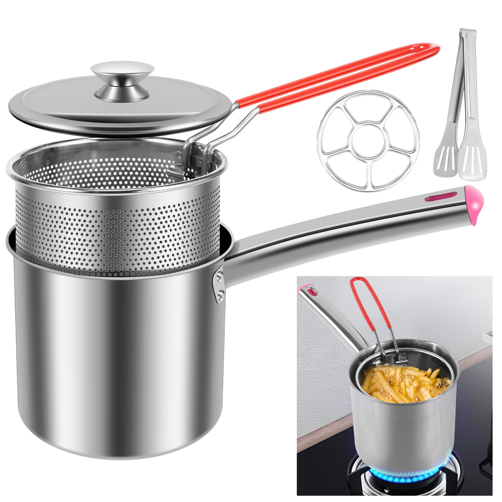 Deep Frying Pot Kitchen Fryer With Strainer Stainless Steel Tempura Fryer Pan Fry Pot Chicken Fried Chicken Cooking Tools 1.8L non stick frying pan