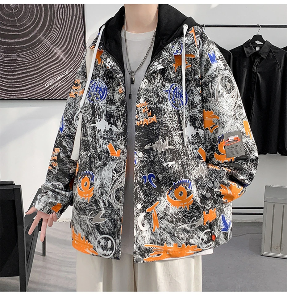 2022 Men Jacket Korean Fashion Hooded Printed Graffiti Oversized Streetwear Jacket Black Harajuku Hip Hop Windbreaker Coats racer jacket