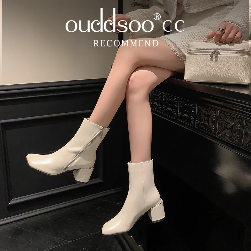 

ODS Brand Genuine Leather Shoes Woman ANkle Boots Square High Heels Zipper Black White Dress Party Office Lady Shoes Elegant 40