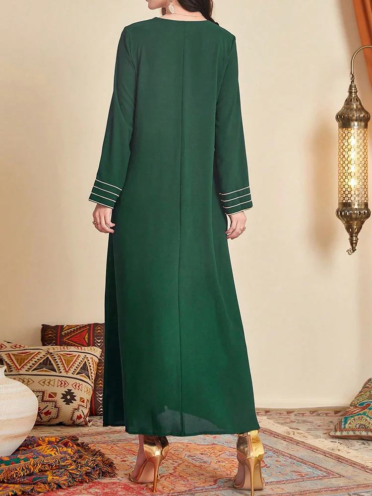 Vintage Women Embroidery Abaya Muslim Embroidery Fashion Loose Evening Dress Casual Long Sleeves V-Neck Blue Ladies Dresses