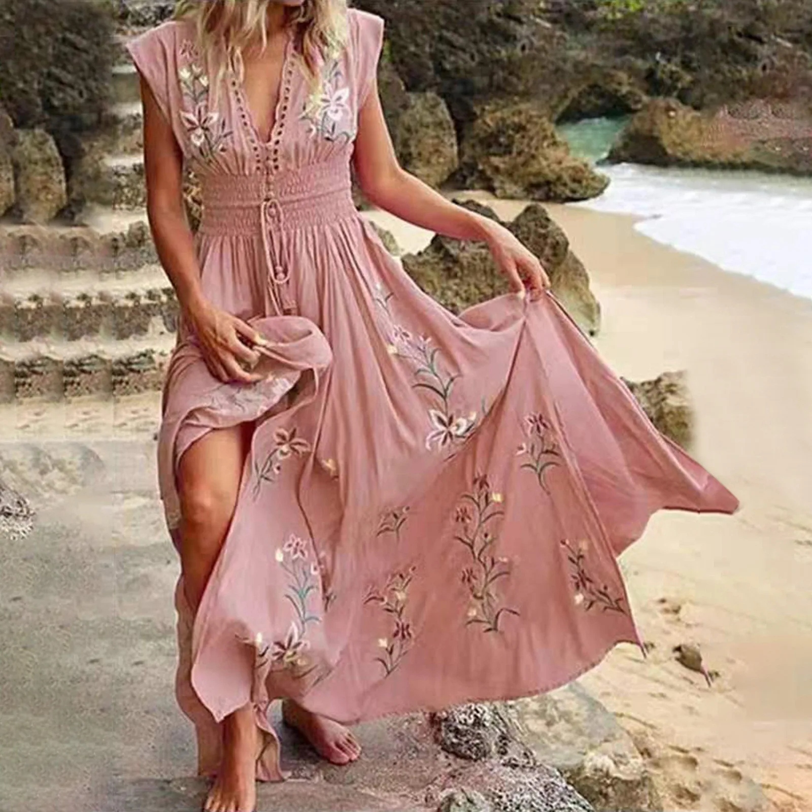 

Summer Women's V Neck French Bohemian Print Beach Maxi Dress: Effortlessly Chic Flowy & Sun Denim Dresses