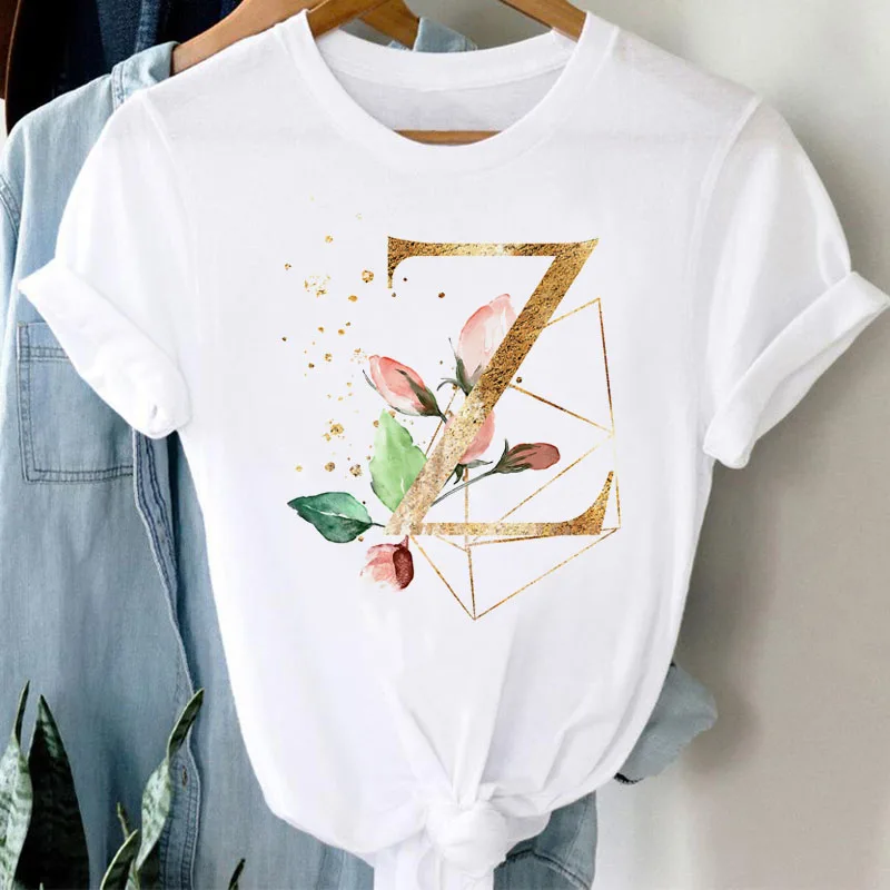 

New Alphabet T Shirt Floral Geometric Gold Font A B C D Printed Tops Tee Female Summer Funny T-shirt Women Short Sleeve Tops Tee