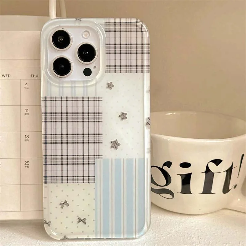 Elegant Double-Layer Blue Stripe Polka Dot Star Phone Case with White Background