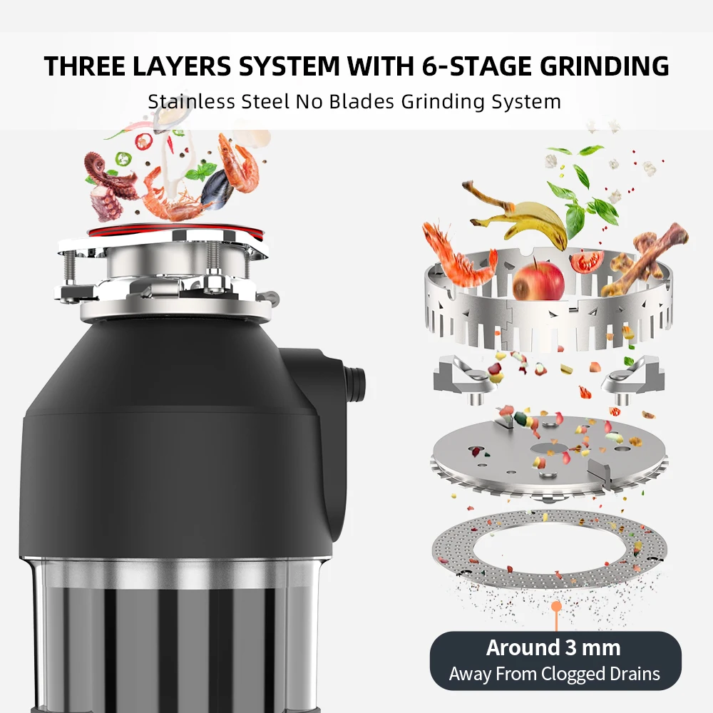 Electric AC Motor Kitchen Food Waste Disposer Continuous Feed Sound Insulated Garbage Disposal Grinding Feature Household Use