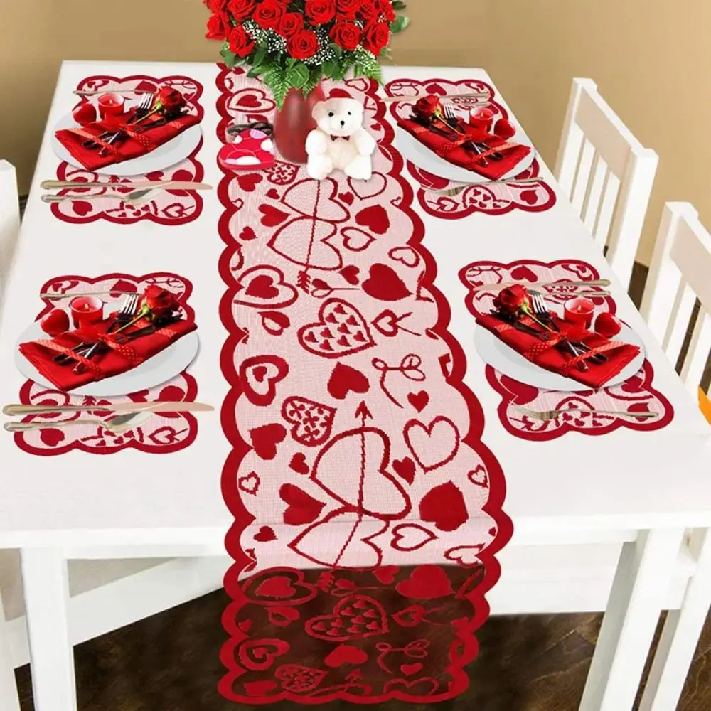 

Valentine's Day Table Runner Dining Table Decoration Love Heart Placemats Tablecloth Set Hollow Lace Table Cloth Cover