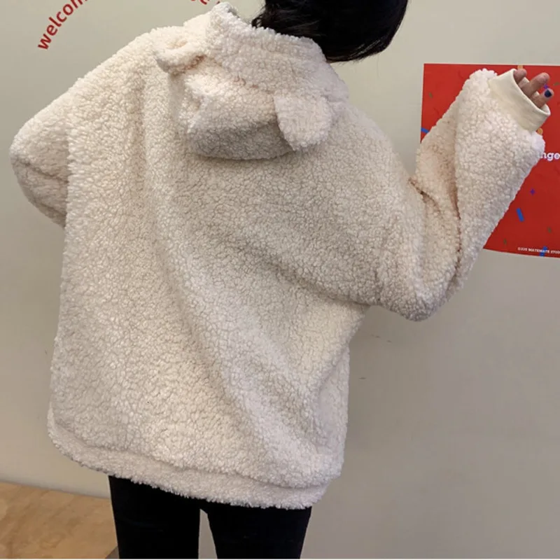 Kawaii Fleece Faux Fur LongAutumn Winter Women Green Beige Zip-up Sweatshirt  Sleeve Hooded Teddy Bear Ears Soft Hoodies White