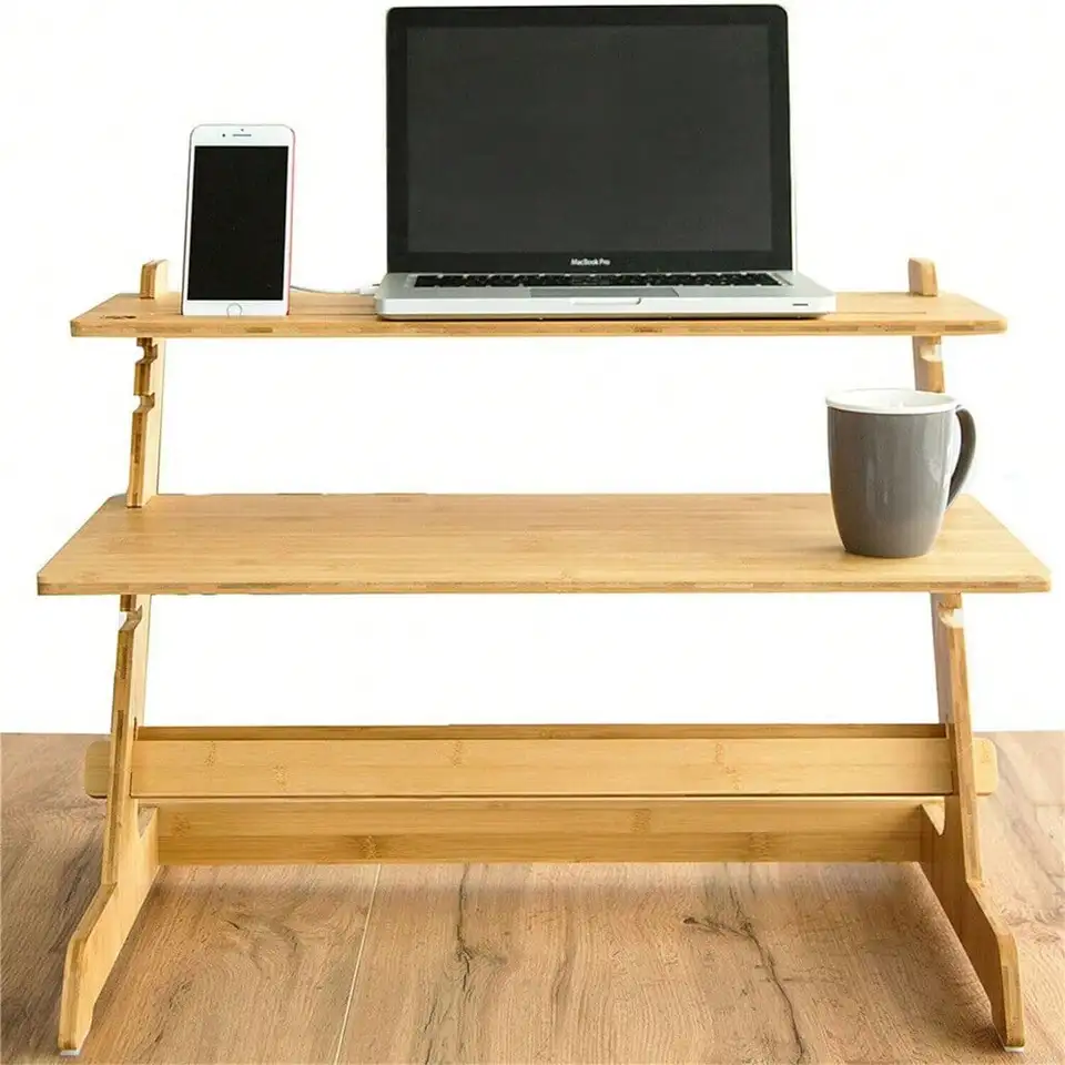 Height Adjustable Wood Desk Converter with Monitor Holder