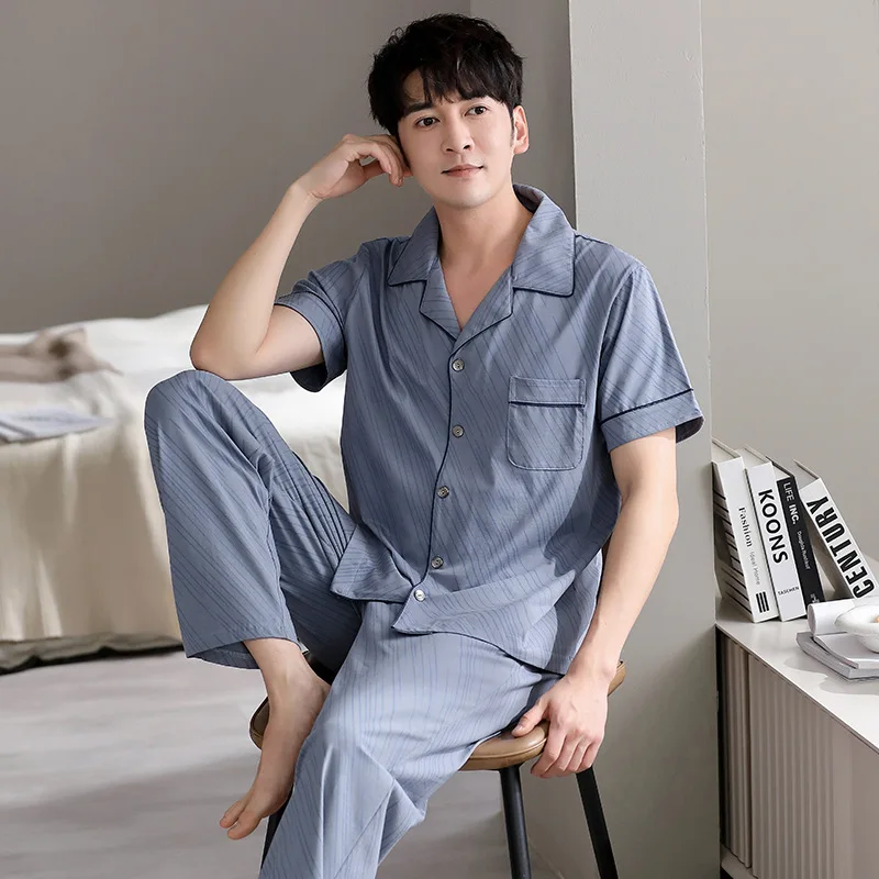 Summer Men's Thin Pure Cotton Pajamas Lapel Short Sleeve Cardigan Pants Home Clothing Set Loose Fitting Casual Sleepwear
