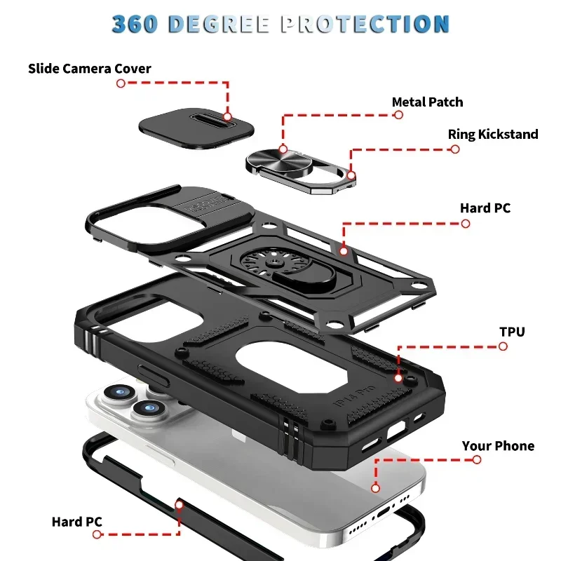 iPhone Case For iPhone 16 15 14 Pro Max 13 12 11 Pro Plus XR 360 Full Body Rugged Protective Slide Camera Stand Protection Ring Cover