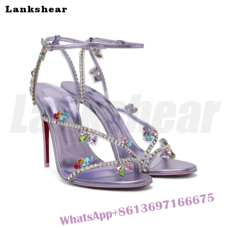 

Colorful Crystal Diamonds Round Toe Ankle Strap Purple Sandals Super High Heel Large Size Sandals for Women Party Summer Shoes