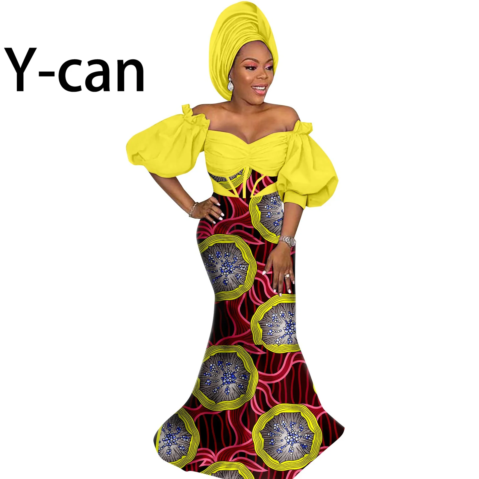African Party Dresses for Women Dashiki Wax Print One Shoulder Ball Gown Match Headscarf Bazin Riche Lady Sexy Outfits Y2225041