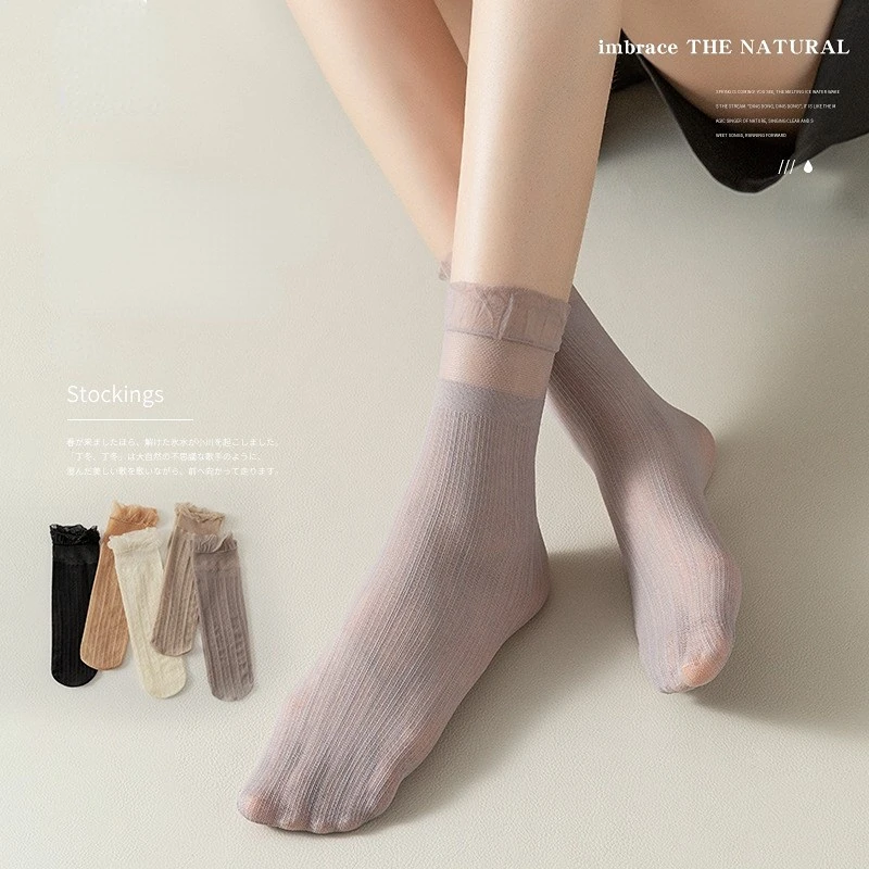 

Transparent Ruffled Velvet Women's Short Stockings Fashion Sweet Solid Color Lace Super Elastic Soft Breathable Cute Stockings