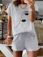 Summer women's fashion simple portrait print casual loose round neck short sleeved T-shirt shorts two-piece set - C68-hui, XXL