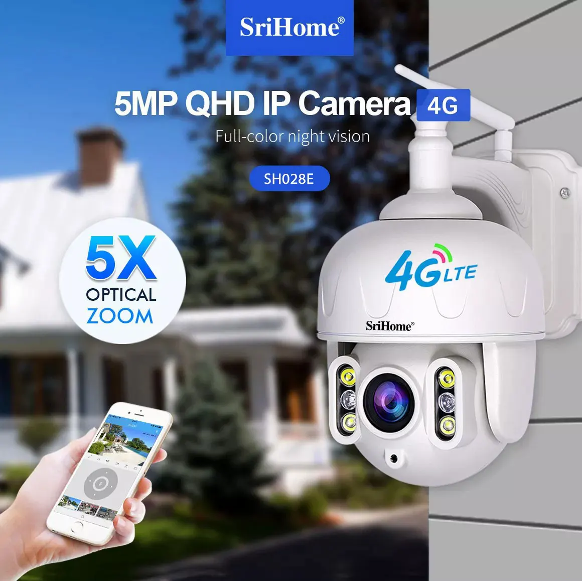 

Srihome SH028E 5MP 5X Optical Zoom 4G LTE Industrial IP Camera Wifi Outdoor Security Protection PTZ Video Surveillance CCTV Cam
