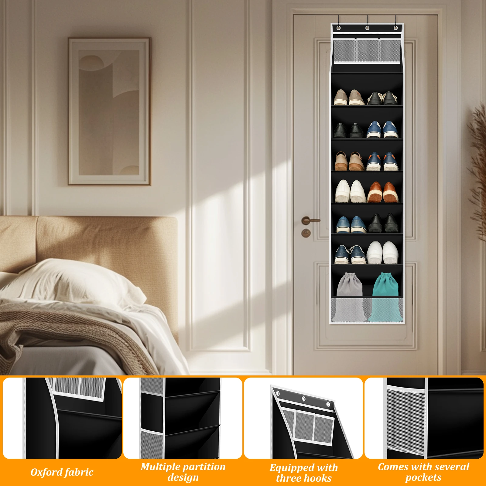 8 Layer Over The Door Shoe Organizer Oxford Cloth Hanging Shoe Storage Rack with 3 Hooks Large Capacity Behind Door Shoe Rack
