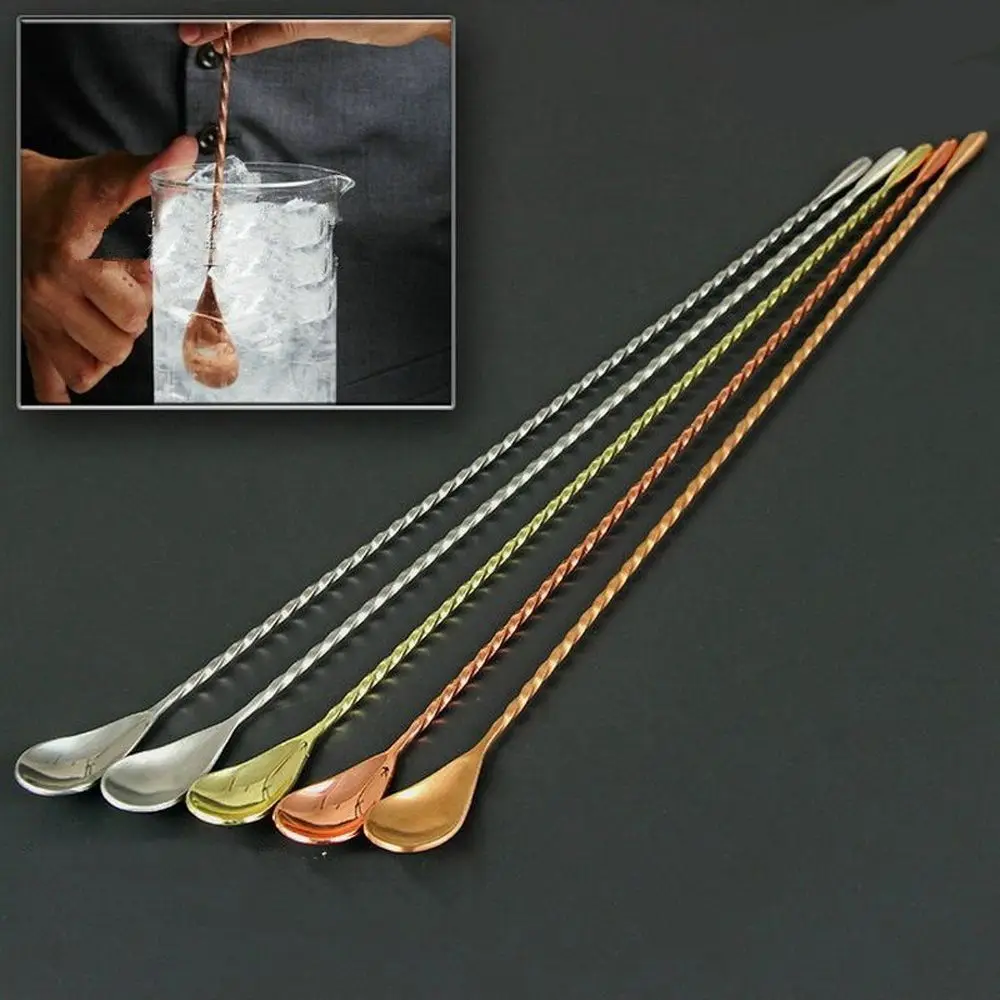 Cocktail Spoon Long Handle Stainless Steel Spiral Cocktail Spoons Teadrop Scoops Bartender Stirring Tools Kitchen Supplies Accessories