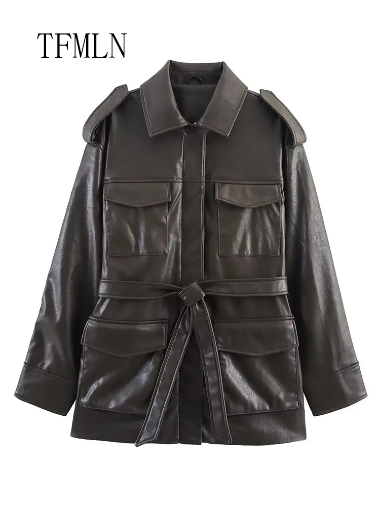 Fashion Women Faux Leather Jackets With Belt 2025 Autumn Winter Causal Lapel Zipper Loose Chic Coat High Street Long Sleeve Top