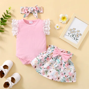 0-18 Months Newborn Baby Girl Summer Daily Clothes Set Fly Sleeve Romper Top + Flowers Skirt with Headband Lovely 3PCS Outfit 1