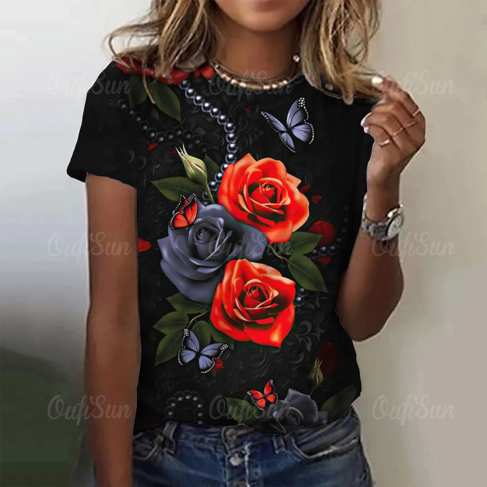

Женские футболки, модная футболка с цветочным принтом, повседневные футболки с коротким рукавом и круглым вырезом, топы с принтом роз, Повседневная Базовая Свободная Женская одежда
