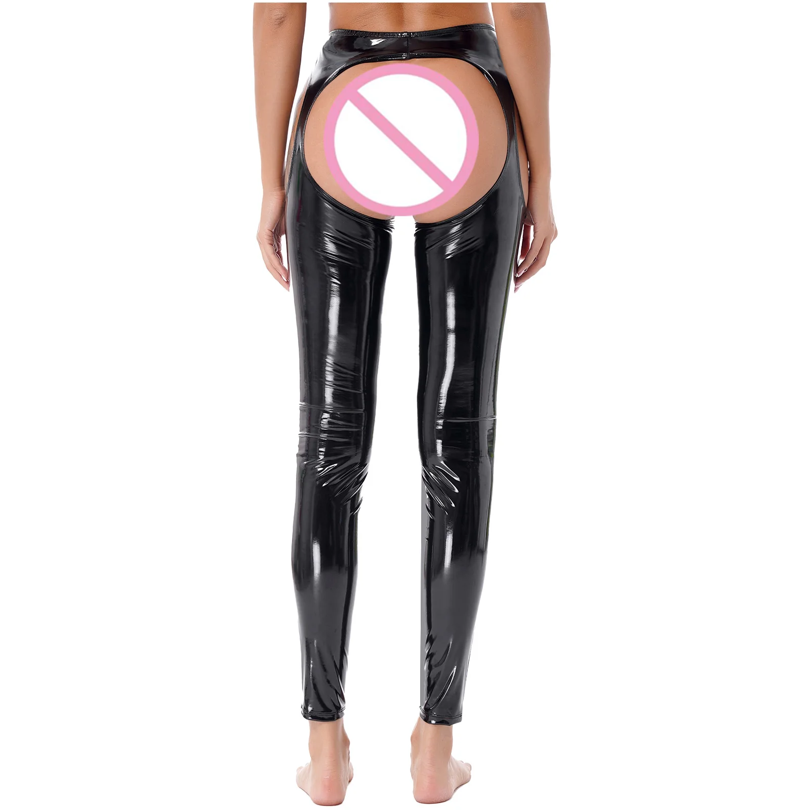Women Leggings Womens Erotic Pants Wet Look High Waist Cutout Leggings Crotchless Open Butt Patent Leather Skinny Pants Leggings Clubwear Party