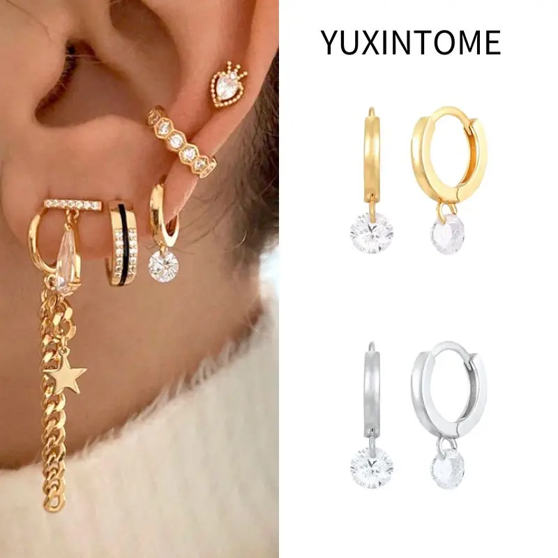 925 Sterling Silver Needle Shiny White Round Crystal Pendant Earrings Fashion Geometric Hoop Earrings for Women Luxury Jewelry