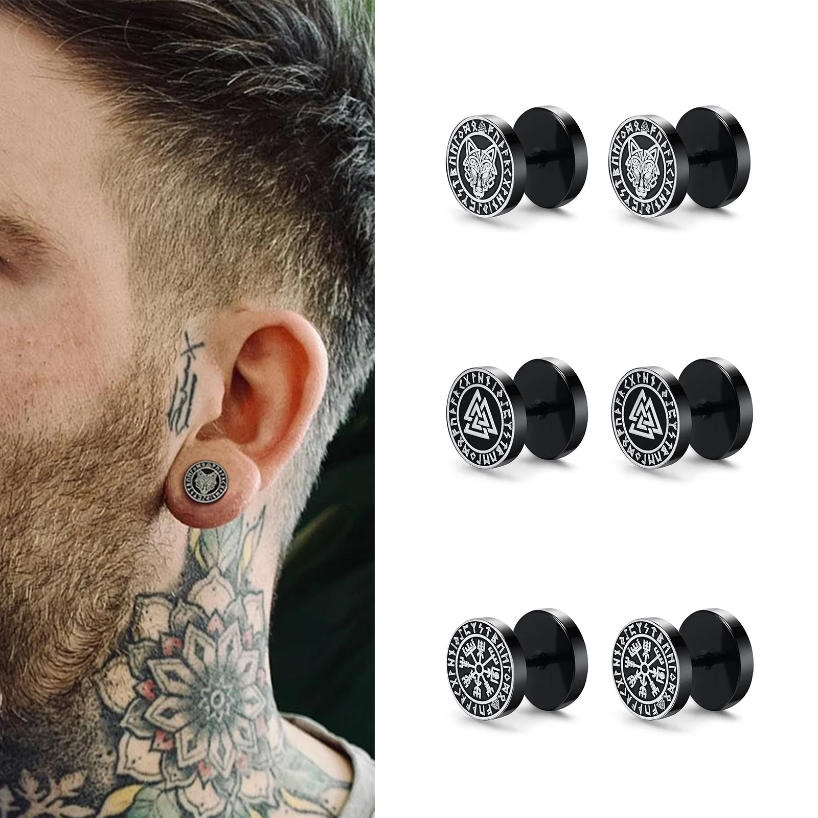 Gothic Nordische Wikinger Runen Ohrstecker für Männer Jungen, Rock Punk Edelstahl Valknut Wolfskopf Kompass Keltische Knoten Ohrringe